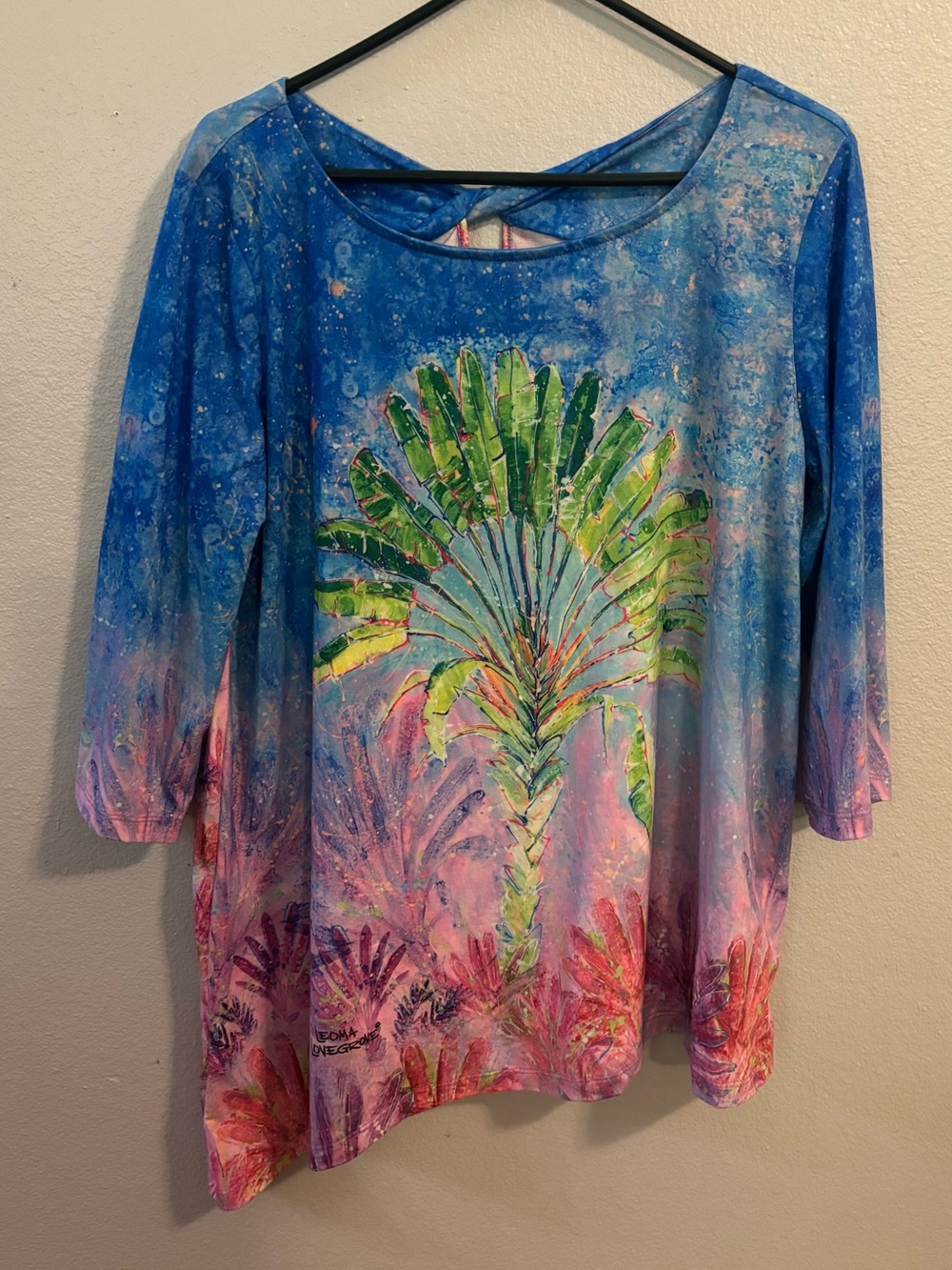 Leoma Lovegrove Top “Traveler’s Palm Tree” Asymmetrical Hem Large